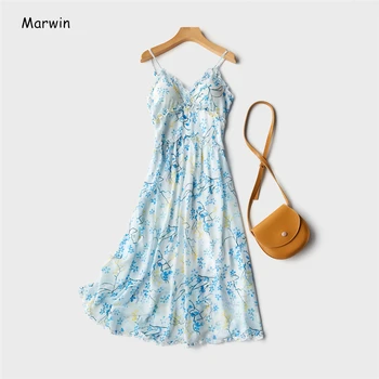 Marwin 2020 Naujas-Ateina V-Kaklo Spageti Dirželis Domino Pynimas Imperijos Vasaros Moterų Suknelės, High Street Spausdinti Gėlių Moteriška Suknelė