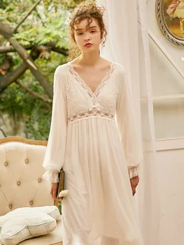 Naujas Vintage Cotton Moterų Ilgai Nightgowns ilgomis Rankovėmis Saldus Baltas Nėrinių Princess Royal Sleepwear Giliai V-Kaklo, Seksualus Naktį Suknelė