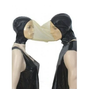 Seksualus mėgėjams apatinis trikotažas unisex latext spliced rankų darbo skaidraus latekso dvigubai gaubtai pora kaukė cekc vienodas fetišas kostiumai