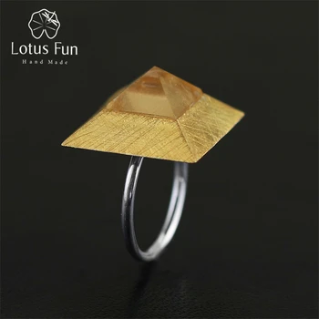 Lotus Įdomus Nekilnojamojo 925 Sterlingas Sidabro Natūralių Kristalų Rankų Darbo, Originalus Dizainerio Fine Jewelry Paslaptingą Piramidę Moterų Žiedai