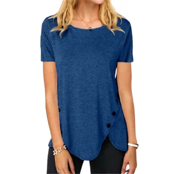 Trumpas Rankovės Atsitiktinis Viršūnes Moterys Vasarą Blue Marškinėliai-O-Kaklo Mados Mygtuką Hem Tee 5XL Didelio Dydžio Kietosios T-Shirt Moterų Puloveriai
