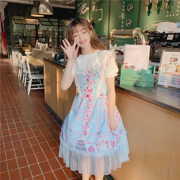 Palace saldus princesė lolita dirželis suknelė vintage minkštas mergina aukšto juosmens spausdinimo viktorijos mielas suknelė kawaii girl gothic lolita