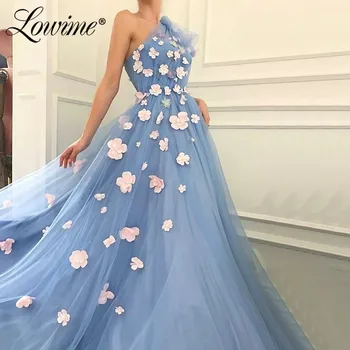 Mėlynas Vienos Pečių Šalis Suknelė Su Rankų Darbo Gėlės Ilgai Prom Dresses Vestidos Formales Individualų Dubajus Arabų Vakare Chalatai