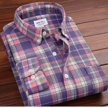 Medvilnės patogus šepečiu pledas ilgomis rankovėmis marškinėliai 2020 m. rudenį prekės ženklo drabužių vyrų mados klasikinis fit marškinėliai raudona mėlyna