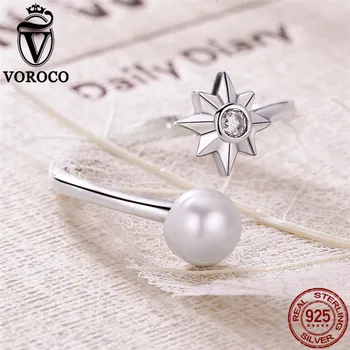 VOROCO Grynas 925 Sterling Silver Star Natūralių Gėlavandenių Perlų Elegantiškas Atidaryti Nemokamai Dydžio Žiedai Moterų Vestuvių Fine Jewelry VSR099