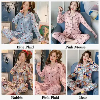 Moterų Pižama Nustatyti Sleepwear ponios ilgomis Rankovėmis naktiniai drabužiai Animacinių filmų Mielas Viršų ir Ilgas Kelnes Pijama kostiumas Homewear