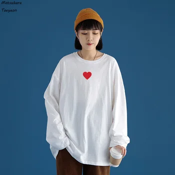 Naujas Medvilnės Moterų Marškinėliai Širdies Print Plus Size Trumpas Rankovės Tees Viršūnes Atsitiktinis Mados Prarasti Ilgomis Rankovėmis Moteriška TShirts