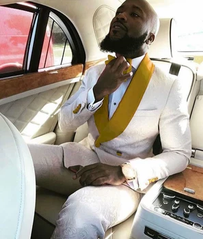 2020 Balta Elastiniai Prom Vestuvių Kostiumai Vyrams Custom Mens Kostiumai Tuxedos su Aukso Atvartas Slim Fit Jaunikis Švarkas Kelnės Rinkinys