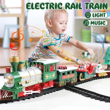 Naujas Kalėdines Elektrines Geležinkelių Automobilinio Traukinio Žaislų Vaikų Geležinkelio Traukinių sąstatų Lenktynių Kelių Transporto Pastato Žaislai Su Šviesos Muzika