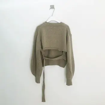 Korėjos Drabužių Vintage Sijonas ir Viršų Rinkinys Moterims ilgomis Rankovėmis Megztinis Backless Diržo Viršuje Megztinis Ir Aukšto Juosmens Vilnonių Mini Skrit