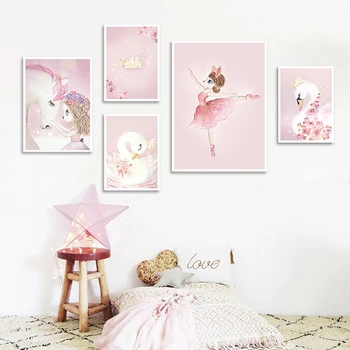 Rožinė Darželio Mergaitė Gėlių Sienos Meno Tapybos Drobės Arklių Nordic Swan, Plakatų ir grafikos Sienos Nuotraukas, Gyvenamasis Kambarys, Vaikų Kambarys