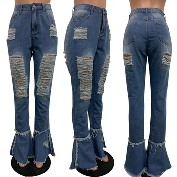 Echoine Seksualus Ripped jeans Pakraštyje Tuščiaviduriai iš Pynimas Blyksnius džinsinio audinio Kelnės Aukštu Juosmeniu Bodycon Skylę Moterų Kelnės Klubas Komplektai