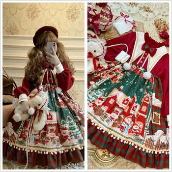 Princess arbatėlė saldus lolita dress Kalėdų bowknot aukšto juosmens viktorijos suknelė kawaii girl gothic lolita op loli cosplay