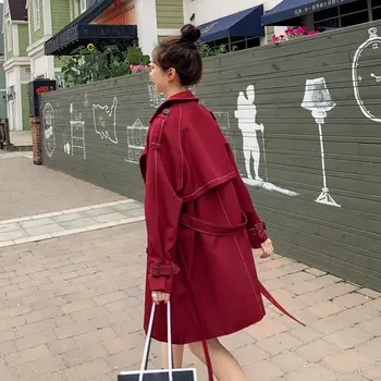 Karšto Pardavimo Raudonas Švarkelis, Moterų 2020 m. Naujų Rudens Viduryje ilgis Hepburn Stiliaus Plonas Tranšėjos Paltai Su Diržo Prarasti Ponios Outwear 137