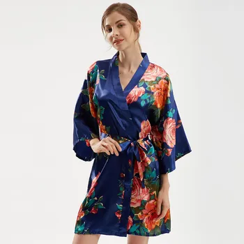 Satino Gėlių Spausdinti Naktiniai Drabužiai Moterims Sleepwear Negabaritinių Kimono Suknelė 2021 Nauja Nuotaka Bridesmaid, Vestuvių Šilkinis Chalatas, Intymus Apatinis Trikotažas