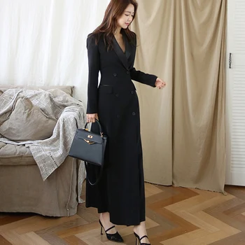 Nauja Rudens Žiemos Office Lady Kilimo Ir Tūpimo Tako Dizaineris Moterų Ilgos Tranšėjos Paltai Įpjovomis Apykaklės Wrap Black Maxi Outwear