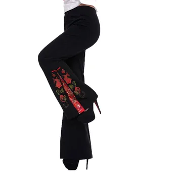 Nauja Juoda Kinijos Tradicinės Moterų Siuvinėti Gėlių Flare Kelnės Visas Ilgis Kelnės Pantalones Blyksnius Plus XS -5XL WNS031913