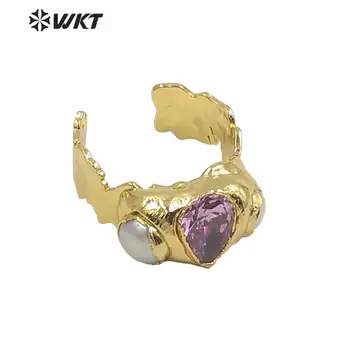 MPR011 WKT mados aukso electroplated nereguliarus lavos akmens žiedas išskirtinis spalvingas gamtos perlas CZ stone kokteilis žiedas