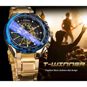 Mados Nugalėtojas Mėlyna Šviesa Stiklo Naujas Vyrai Laikrodžiai Juoda Aukso Visą Nerūdijančio Plieno, Atsparus Vandeniui Sporto Automatinis Šviesos Laikrodžiai