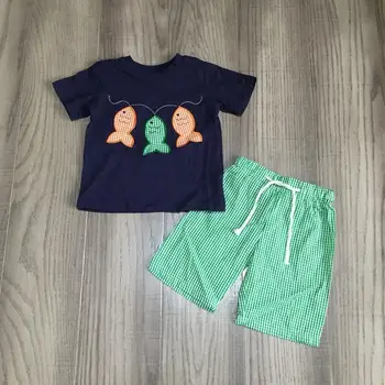 Kūdikis, berniukas, vasarą apranga berniukai žvejybos marškinėliai su žalios spalvos pledas šortai baby vaikų, žvejybos apranga