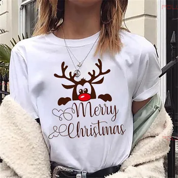Baltos spalvos, Tinkamas Visais metų laikais Tshirts Naujas Mielas Elnias Marškinėliai Harajuku Moterų Mados Kalėdų Spausdinti trumpomis Rankovėmis T-shirt