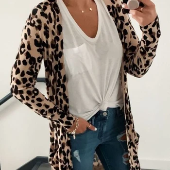 Naujų 2020 m. Pavasarį Moterų ilgomis Rankovėmis, Leopardas spausdinimui Džemperis Cardigan Kailio Striukė Viršūnes Trumpą Oficialų Kostiumą, Outwear