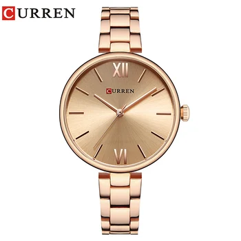 CURREN 9017 Naujas Moterų Laikrodžiai Prabangos Prekės ženklo Žiūrėti Rose Gold Moterų Kvarcinis Laikrodis Kūrybos Medienos Modelis Dial Mados Laikrodis