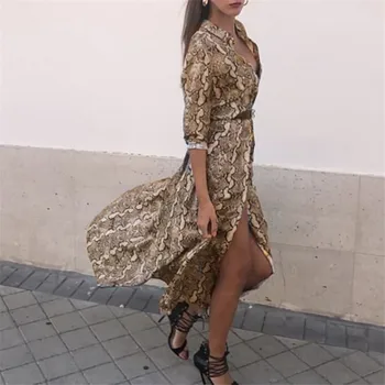 Moterų Šifono Python Odos Atspausdinta Suknelės ilgomis Rankovėmis Rudenį Boho Paplūdimio Ilgos Suknelės Ponios Mados Šventė V-kaklo Maxi Suknelė