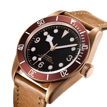 Corgeut 41mm mens watch automatinė miyota 、žuvėdra sterilūs dial vandeniui Šviesos Žalvaris/Juodos odos mechaninis laikrodis