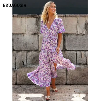 ERUAGOSIA Moterų Suknelė Vintage Boho Maxi Suknelė Gėlių Spausdinti Vasaros Varčias Paplūdimio Vestidos Atsitiktinis Padalinta V-kaklo Suknelės Femme Skraiste