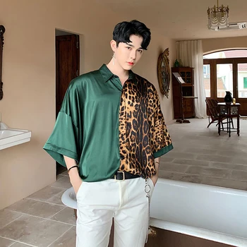 Stilistas trumpomis rankovėmis vasarą kratinys vyriški marškiniai Ketvirtį Rankovėmis dekoruoti naktinis klubas laisvi marškinėliai jaunimo Leopardas Spausdinti