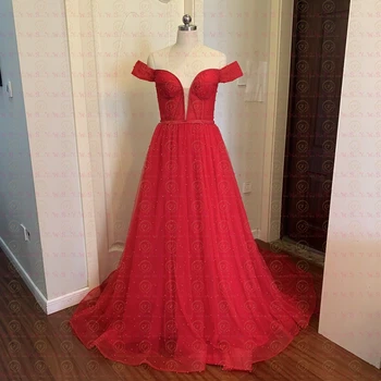 Žavinga Perlai Raudona Prom Dresses 2020 Ilgai Off Peties Brangioji Koplyčia Traukinys, Vakaro Suknelės, Nėriniai-Up Elegantiškas Oficialų Šalis Suknelė
