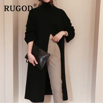 RUGOD Ins naujas mados aukštos padalinta moterų megztinis golfo ilgomis rankovėmis, šiltas wintere puloveriai moterų korėjos ilgai stiliaus streetwear