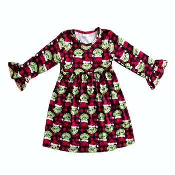 Kalėdų nauja rudens žiemos karšto pardavimo mergaitę žalia gėlė ilgomis rankovėmis suknelę, vaikų drabužiai