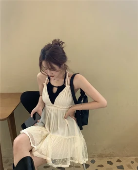 Vasarą mini suknelė 2020 atostogų stiliaus merginos saldus prarasti nėrinių spageti dirželis suknelė moterų (R98259)
