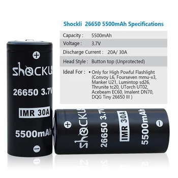 Shockli 26650 5500mAh 3.7 V, li-ion įkraunama baterija 30A 26650 ličio baterija tiktų didelio galingumo žibintuvėlį Emisar D4s TC20