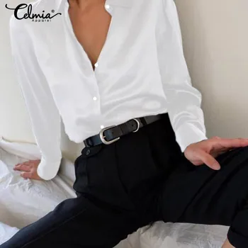 Stilingas Kieto Satino, Šilko Palaidinės Moterims, 2021 Celmia Mados Ilgomis Rankovėmis Atvartas, Plisuotos Marškinėliai Atsitiktinis Elegantiškas Viršūnes Plius Dydis Blusas