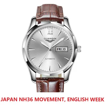 GUANQIN GJ16034 Žiūrėti Vyrų Japonija NH36 Judėjimo anglų Savaitę Automatinis Mechaninis Laikrodis Mens Top Brand Prabanga Hardlex Laikrodis