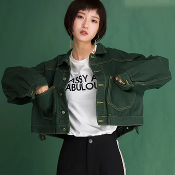 Moterų džinsinio striukė harajuku top hip-hop apkarpytos žalia džinsinio audinio švarkai moterų rudenį pagrindinio jean striukė 2018 moterų KK2446