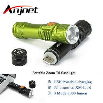 Anjoet nešiojamų šviesos mini USB žibintuvėlis XML T6 LED žibintuvėlis įkraunamas 18650 įmontuota baterija vandeniui flash šviesos 3000 lume