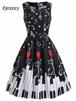 Kenancy Fortepijonas Spausdinti Vintage Suknelė Moterims Rankovių Aukštos Juosmens Sūpynės Šalis Suknelė Vasaros Atsitiktinis-Line Retro Suknelės 50s Vestidos