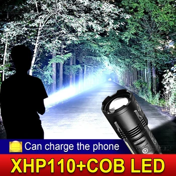 Super Galingas XHP110 + COB led žibintuvėlis įkraunamas usb fakelas 18650 arba 26650 vertus lempos taktinis led žibintuvėlis zoom žibintas