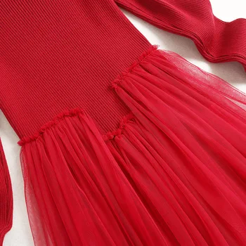 2021 m. pavasarį, rudenį, moterų megzti kratinys tinklelio suknelė golfo ilgomis rankovėmis lankas suknelė seksualus suknelės juoda raudona