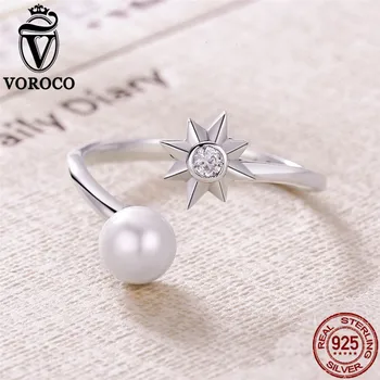 VOROCO Grynas 925 Sterling Silver Star Natūralių Gėlavandenių Perlų Elegantiškas Atidaryti Nemokamai Dydžio Žiedai Moterų Vestuvių Fine Jewelry VSR099