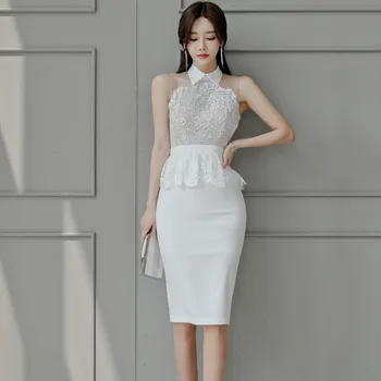 Baltos spalvos Nėrinių Suknelė moterims Vasarą dėvėti Rankovių Korėja Stovėti poliesteris Ponios Sexy Office Bodycon Suknelės