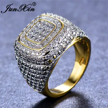 JUNXIN Prabangių Vyrų Didelis Žiedas Nutiesti Visiškai Kristalų 18KT Geltonos Aukso Užpildyti Baltas Cirkonis Sužadėtuvių Žiedai Vyrams, turkijos Papuošalų Dovana