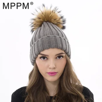 MPPM tikro Kailio Kepurės Megztos Nekilnojamojo Didelių Meškėnas Pom Pom Skrybėlę Moterų Žiemos Skrybėlę moterų girl 's vilnos kepurės megztos medvilnės beanies bžūp