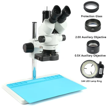 Vienu metu-Židinio Trinokulinis Mikroskopu 3,5 X-90X Pramonės Nuolat Mikroskopas + 0,5 X 2X Tikslas Objektyvas Įrankis + 144 LED Šviesos Žiedas