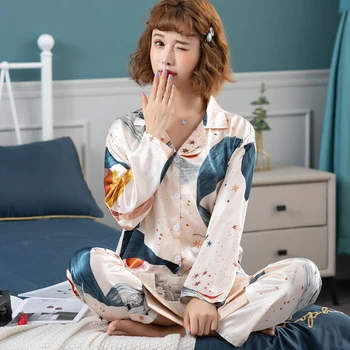 Slik Sleepwear Moterų Pižama Kostiumas ilgomis Rankovėmis Du Gabalus Namų Drabužiai Nustatyti Kelnės Moteriška 2021Spring Vasaros Drabužių Moterims