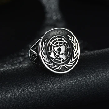 Jungtinių Tautų Emblemos Pasaulio Taikos 316L Nerūdijančio Plieno Žiedas Dviratininkas Aukso Spalvos Juosta Šalies Derliaus Tikėjimo Amuletas Mens Žiedas